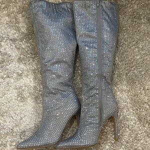 rhinestone knee high boots silver sparkle heels | statement boots